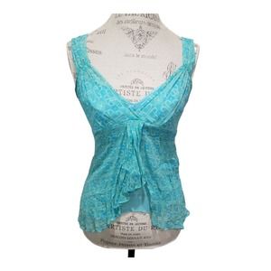 Gianni Bini Blue Heart Design V Neck Sheer Sleeveless Side Zipper Wavy Blouse